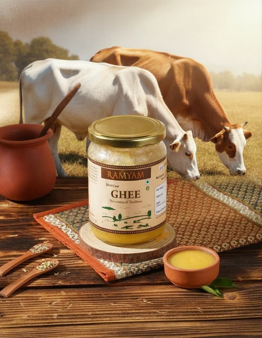 Traditional ghee jar on wooden surface